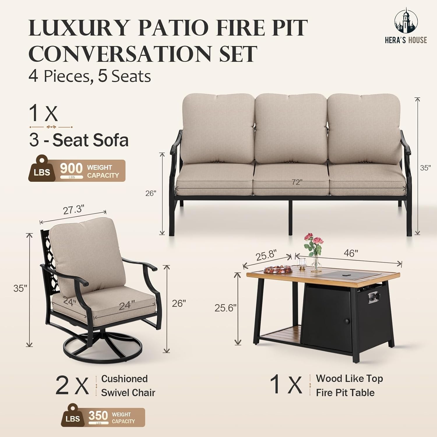 HERA'S HOUSE 4 Pieces Patio Furniture Set with Fire Pit Table, 2 x Swivel Cushioned Chair, 3-Seat Sofa with 46