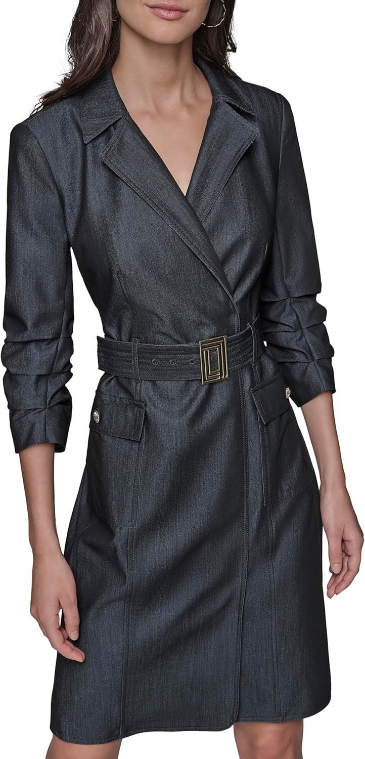 Karl Lagerfeld Womens Collared Belted Long Sleeve Midi Dress