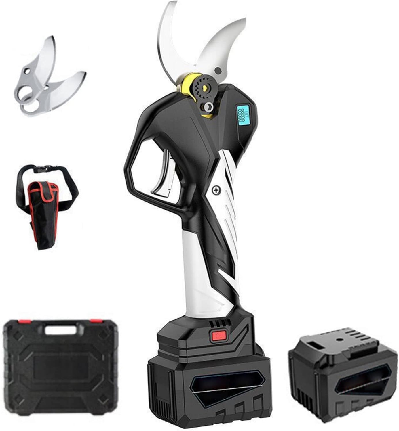 Professional Cordless Electric Pruning Shears with Backpack, Replacement SK5 Blades, 198vf Rechargeable Lithium Battery, 50MM (1.97 inch) Cutting Diameter, LED Display Screen,2pcs Battery