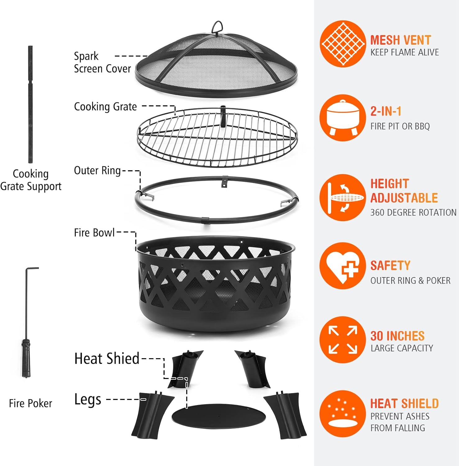 2 in 1 Fire Pit with Cooking Grate 30'' Wood Burning Firepit Outdoor Fire Pits Steel Firepit Bowl Outside with Swivel BBQ Grill, Spark Screen, Poker for Backyard Garden Bonfire Patio