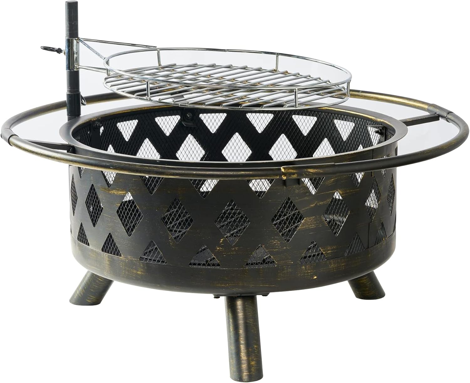 2in1 Fire Pit with Cooking Grate, Outdoor Fire Pits Wood Burning Firepit Steel BBQ Grill Fire Bowl with Spark Screen, Round Fireplace Cover for Outside Backyard Garden Bonfire Patio