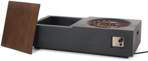 50,000 BTU Outdoor Rectangular Concrete Fire Pit Table with Storage, Lightweight MgO Fire Table with Removable Wood-Look Top, Weather-Resistant Patio Heating Table for Backyard, Dark Gray