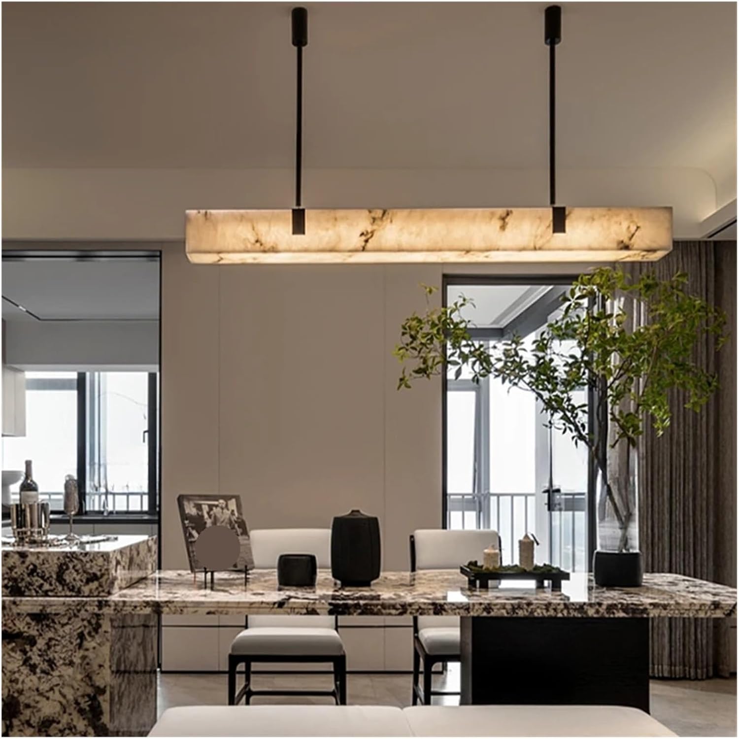 Modern Simple Natural Marble Pendant Lamp Brass Decorative Long Chandelier Lighting for Living Room,Indoor Illumination