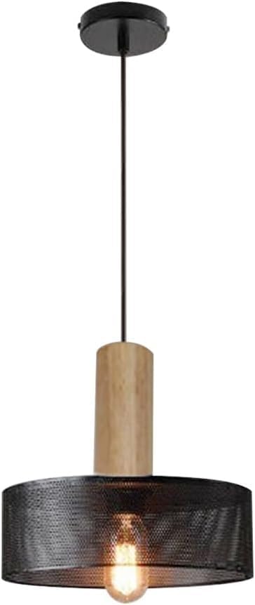 1-Light Wood Light Modern Hanging Lamp, E27 Kitchen Island Lighting Fixture with Black Metal Mesh Shade Single Head Suspended Lighting Fixtures for Bedroom Dining Room(B)