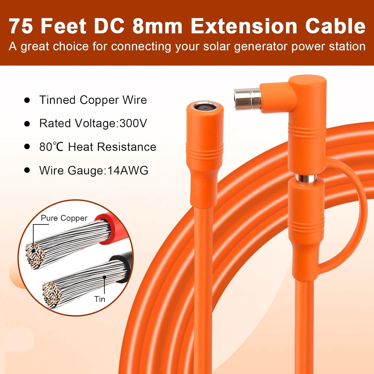 14AWG DC 8mm Extension Cable for Solar Panel 75FT,DC7909 Solar Panel Cable Female to Male with DC8020 Male Adapter Compatible with Aker,GZ Yeti,BLUETT,Jackery Portable Power Station - 75 Foot