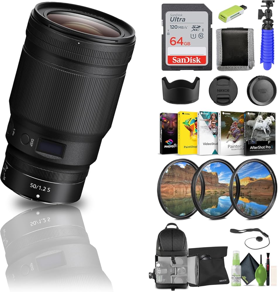 Nikon NIKKOR Z 50mm f/1.2 S Standard Prime Lens Z Cameras (20095) + 64GB Memory Card + Filter Kit + Backpack + Card Reader + Corel Photo Software + Flex Tripod + Memory Wallet + More
