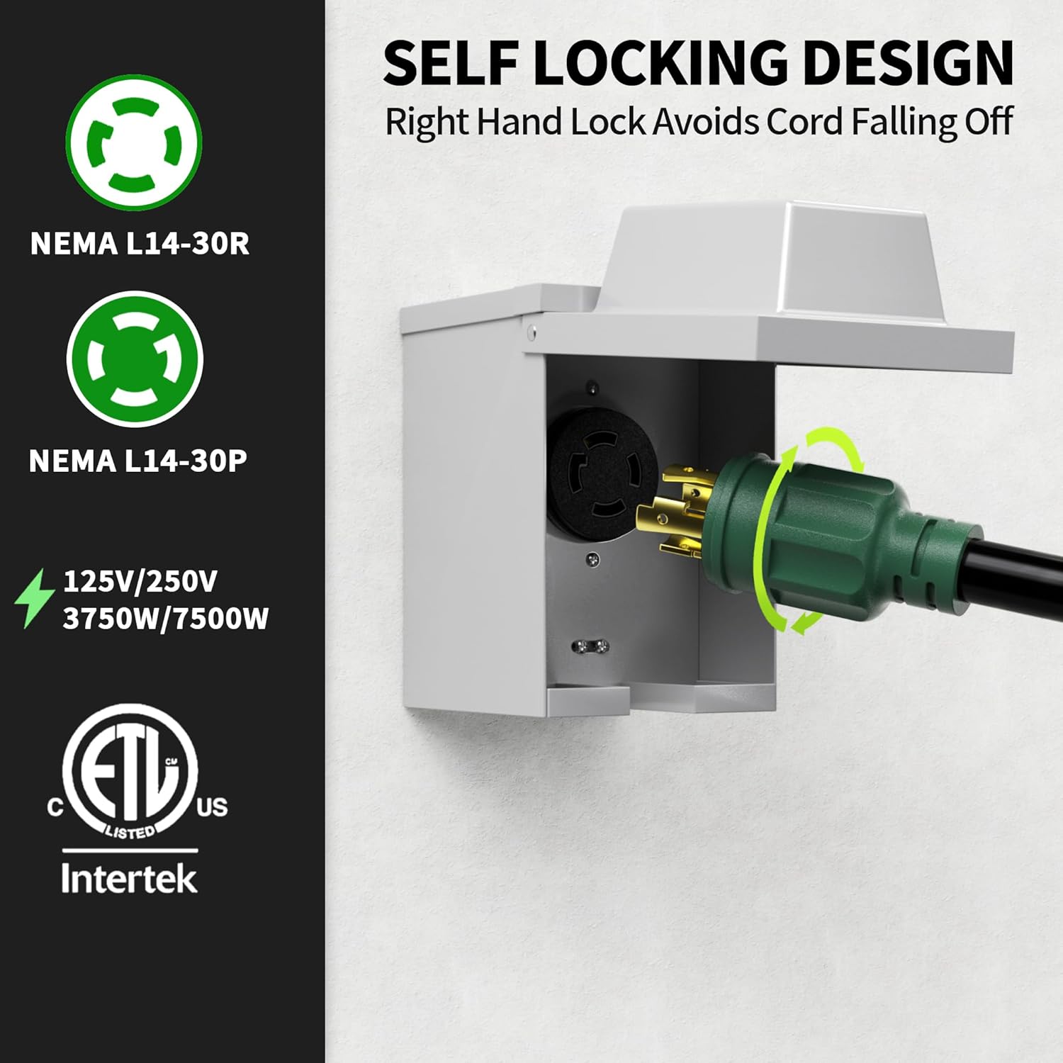 POWGRN 50 FT 30 Amp Generator Extension Cord 4 Prong, Heavy Duty NEMA L14-30P to NEMA L14-30R, 125/250V 7500W, Green 10 Gauge STW Twist Locking House Power Cord, 50 Feet Generator Cable