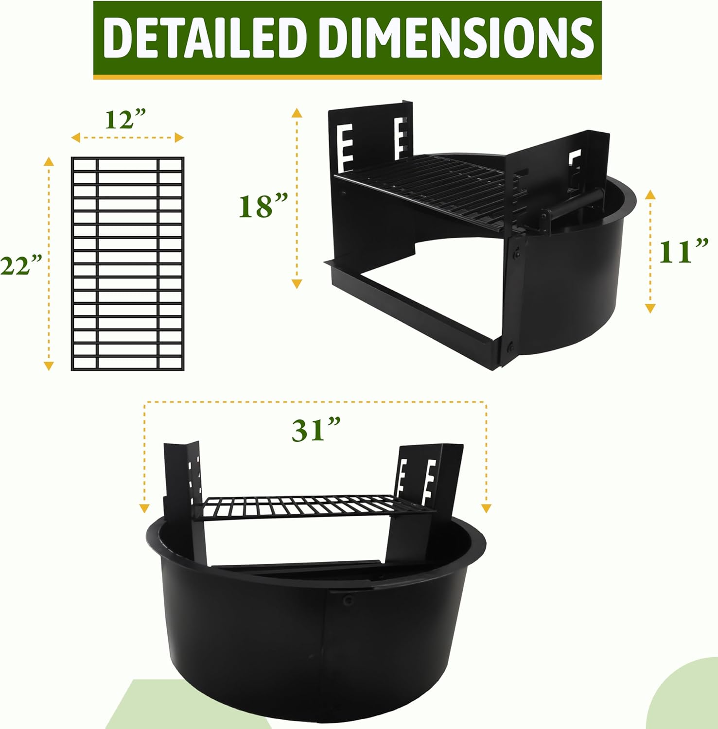 FEBTECH - Outdoor Fire Pit Insert Ring Liner with Adjustable Cooking Grill Grate - Heavy Duty Wood Burning Fire Pit with Cooking Grate for Outdoor Cooking Fireplace, Bonfire or Campfire Black