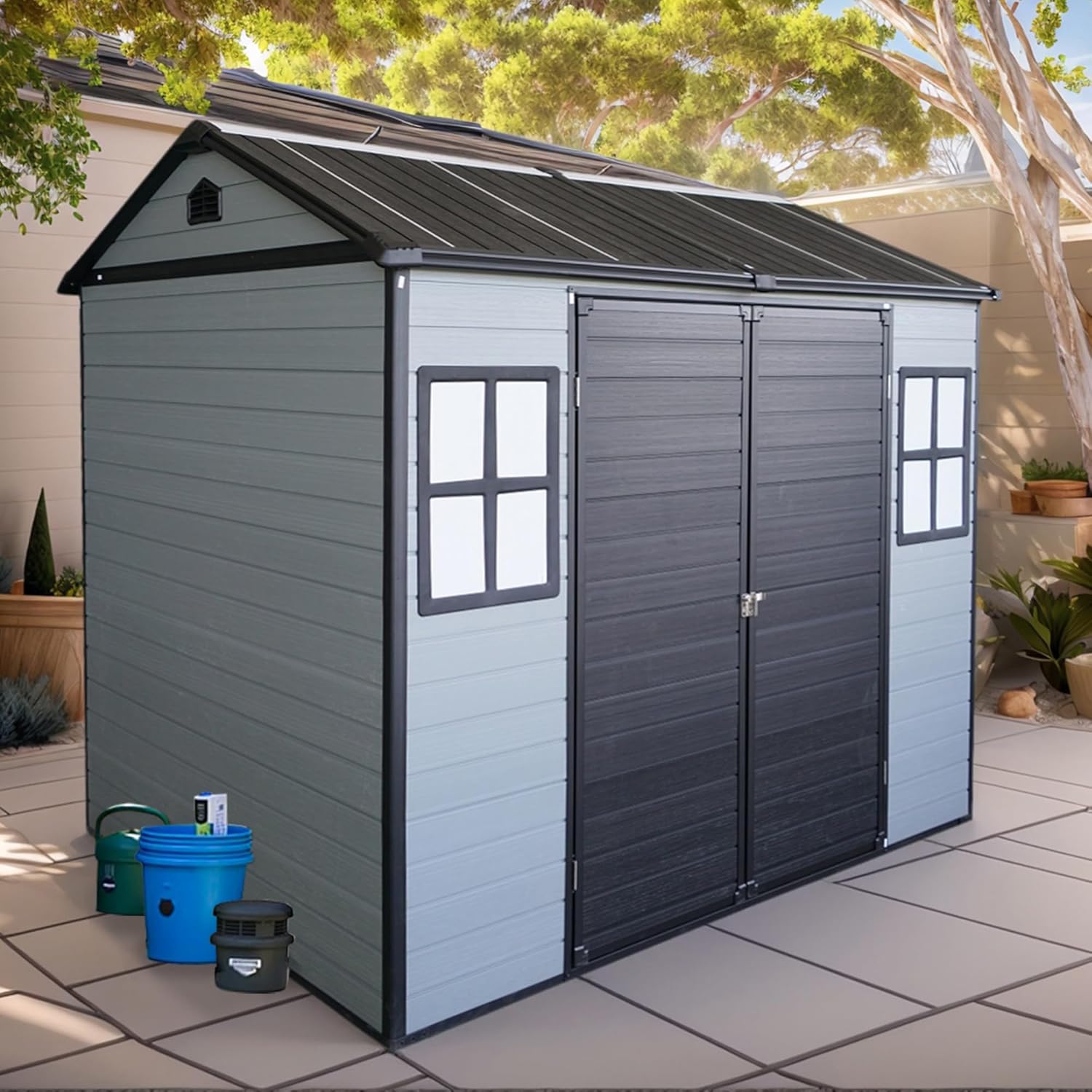 8 x 6 FT Outdoor Storage Shed with 2 Windows, Floor Included, Resin Shed with Lockable Double Door & Vents, Waterproof Plastic Sheds for Garden Tools, Bike, Trash Cans, Lawn Mower, Black+Grey