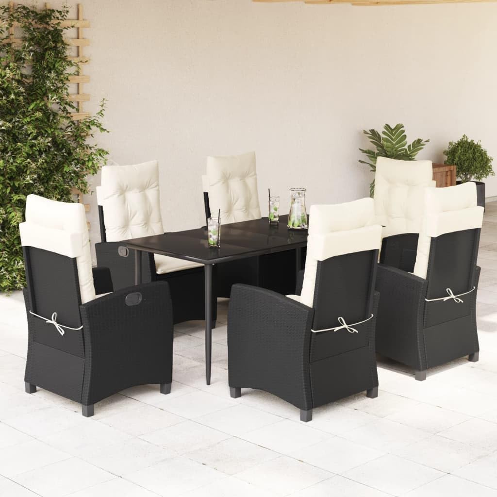 7 Piece Patio Dining Set with Cushions Black Poly Rattan,Rattan Garden Dining Set with Reclining Chairs and Adjustable Backrest for Patio and Backyard Furniture Sets for Patio, Lawn & Garden