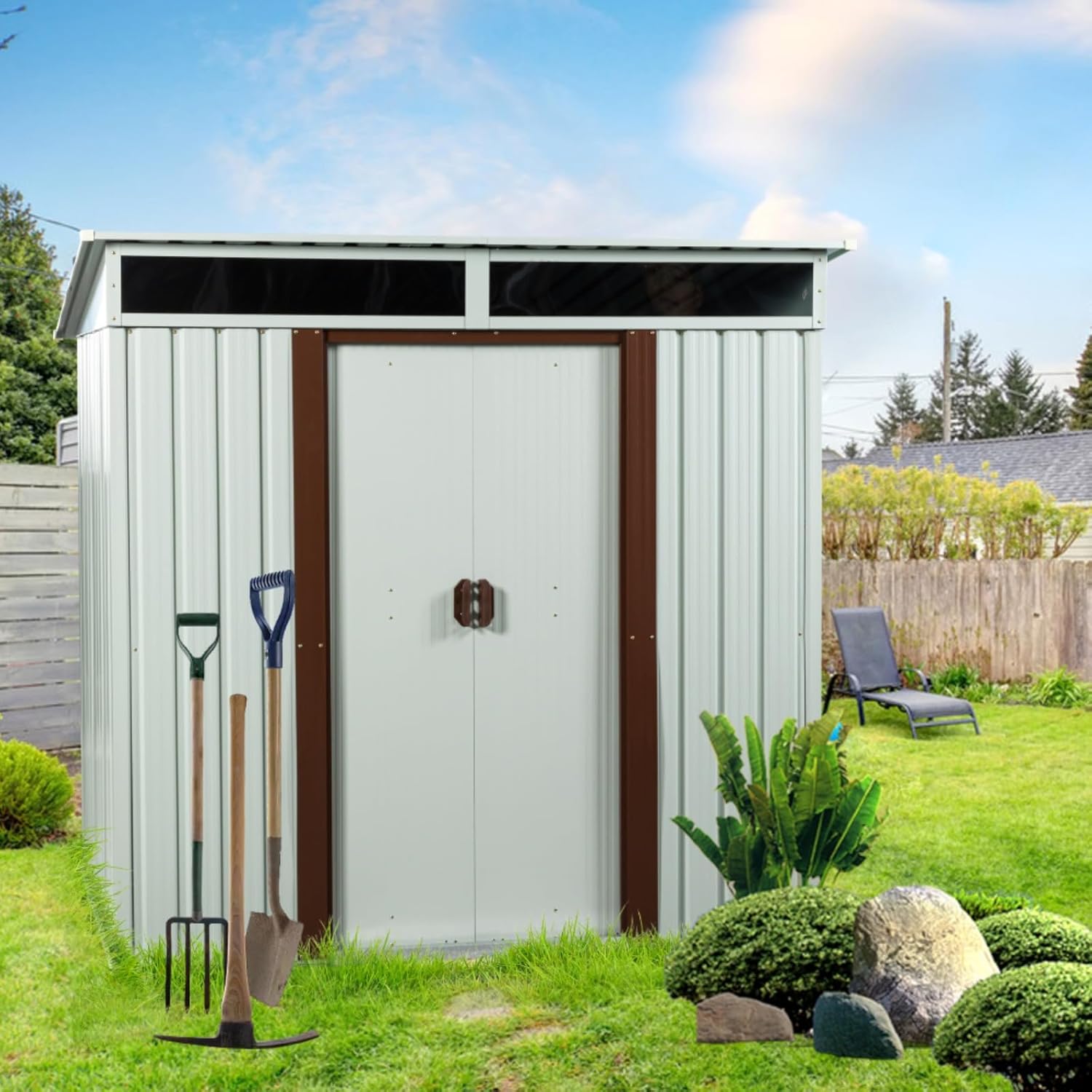 6 x 5FT Outdoor Metal Storage Shed with Window and Metal Foundation for Backyard & Garden Tools, Lawn, Patio, Garden Tool House with Double Sliding Doors, White & Grey (White)