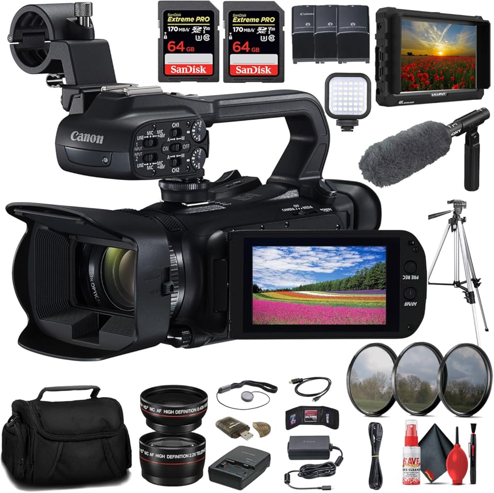 Canon XA60 Professional UHD 4K Camcorder (5733C002) + 4K Monitor + Pro Mic + 2 x 64GB Memory Card + 2 x Battery + Charger + Filter Kit + Pro Tripod + Bag + LED Light + More (Renewed)