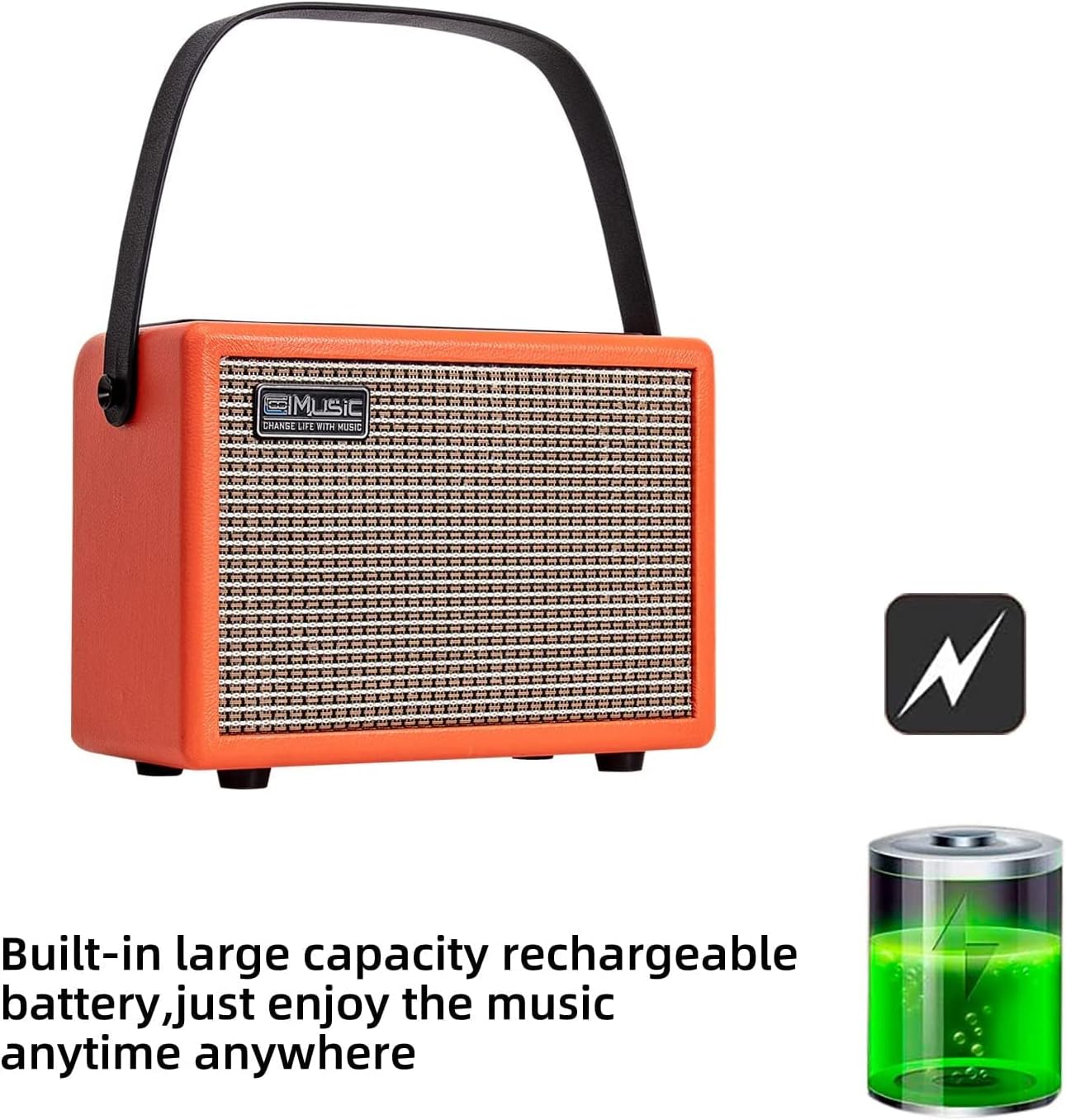 Acoustic/Electric Guitar Amplifier, with 3-Year Warranty,15 Watt Portable Bluetooth Speaker for Guitar Acoustic/Electric with Reverb Effect, 2 Band EQ,Orange