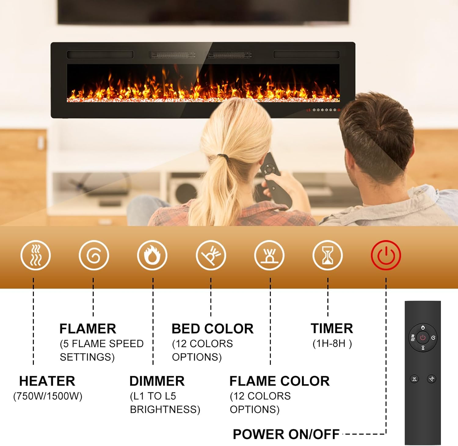 72” Electric Fireplace Recessed and Wall Mounted Fire Places with Remote Control, Touch Screen