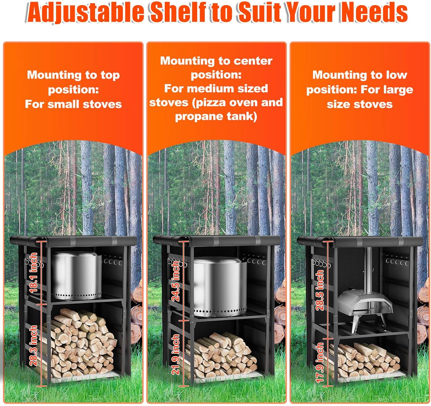 Storage Station 4.5ft for Solo Stove Yukon, Bonfire, Ranger and other Fire Pit Stove, Firewood Storage Cabinet with Waterproof Cover, Adjustable Firewood Rack for logs and Fire Pit Accessories
