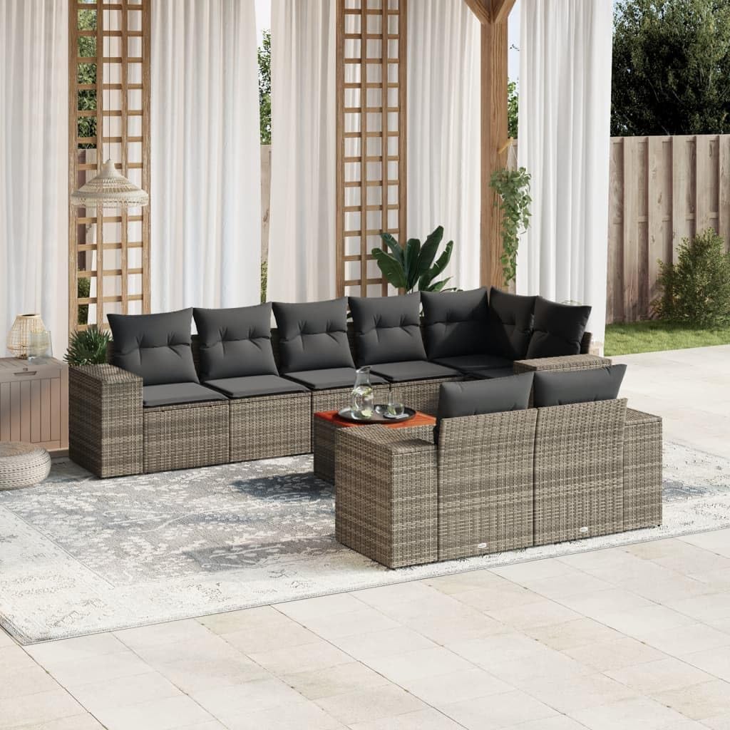 9-Piece Garden Sofa Set, Grey Poly Rattan Outdoor Patio Furniture, Modular Sectional Seating with Weather-Resistant Cushions, Durable for Deck, Balcony, Terrace