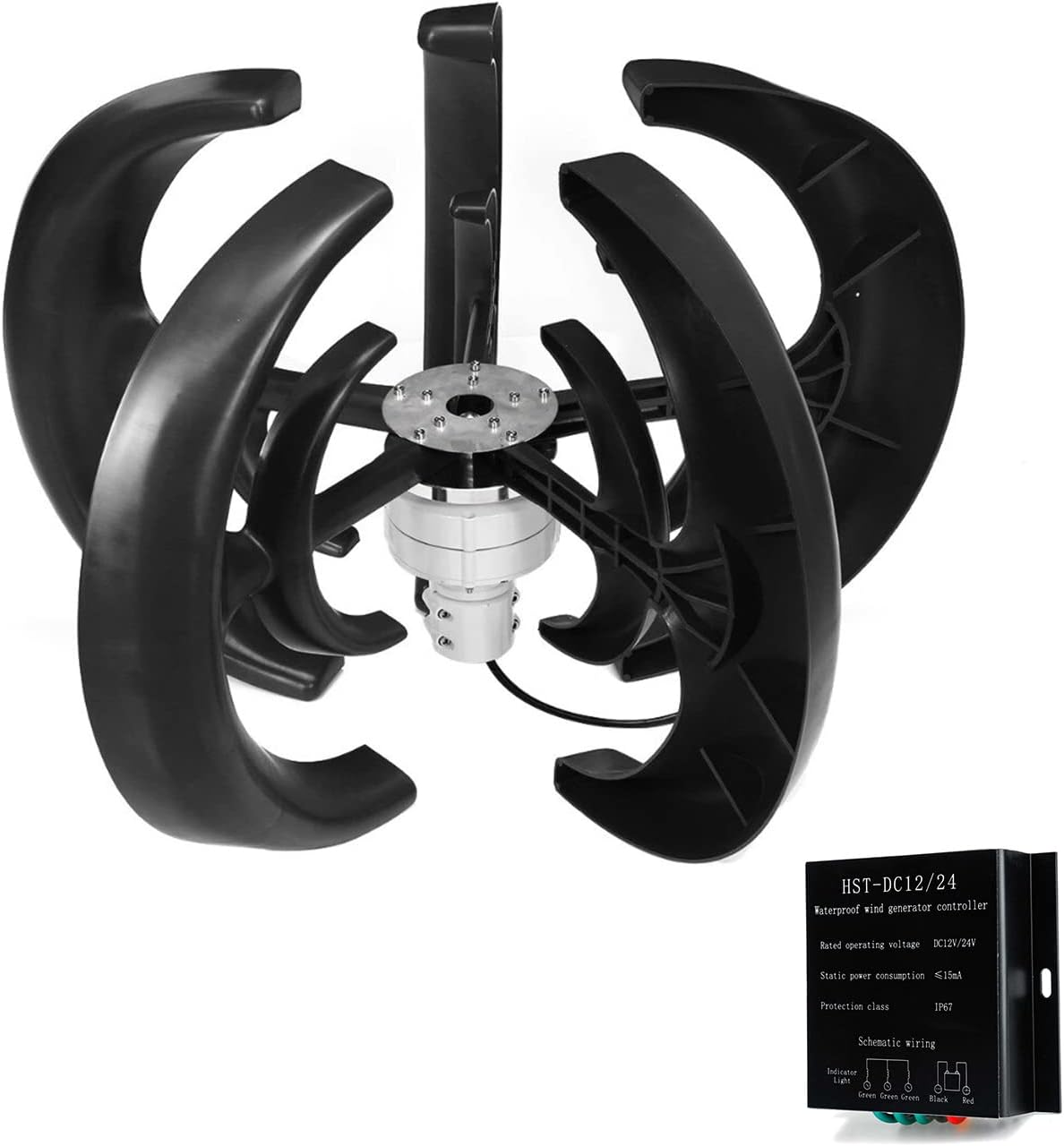 Wind Turbine, 1500W DC12V 24V Vertical Wind Generator 5 Blades Wind Turbine Generator Kit Electricity Producer Equipment for Hybrid Wind Solar System,24V