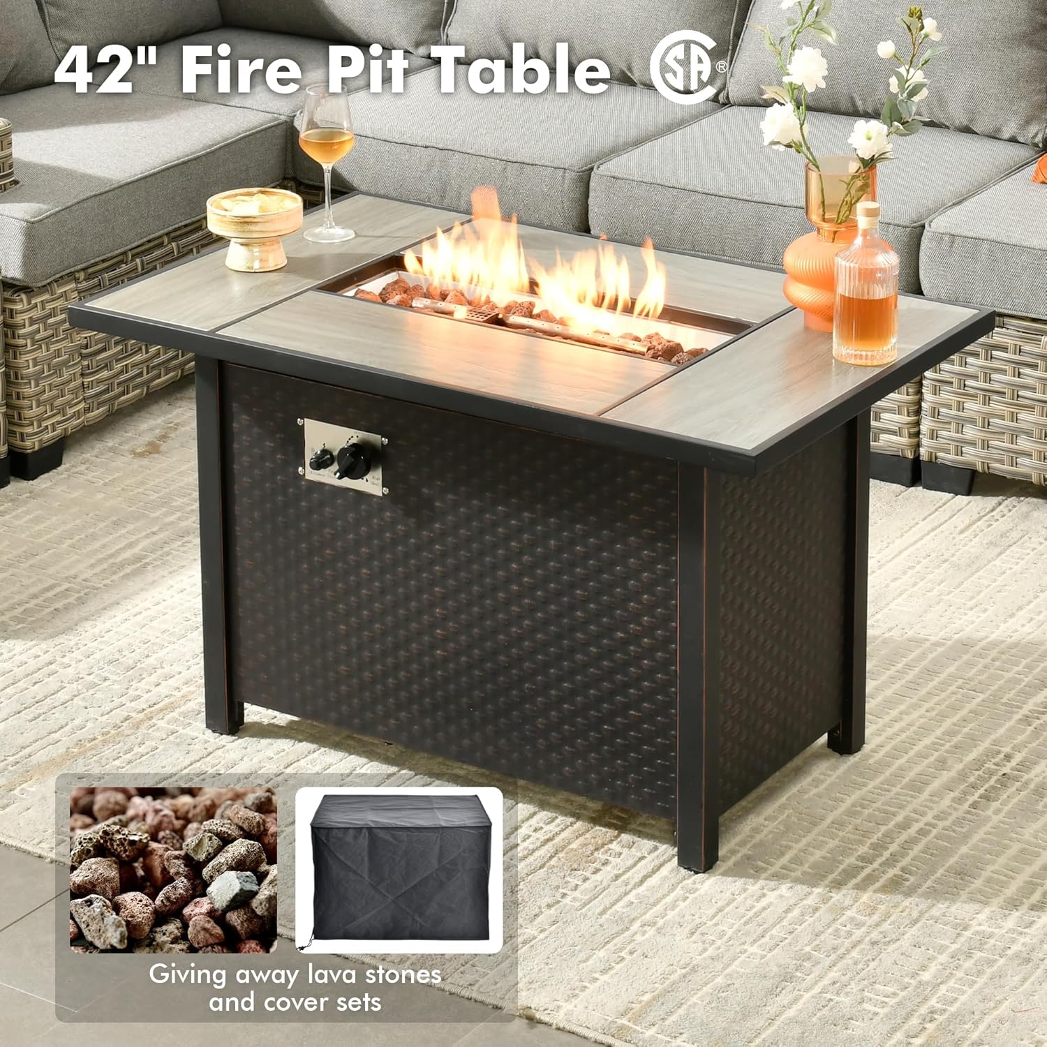 Weaxty 10 Pieces Outdoor Patio Furniture Set with Swivel Rocking Chair, Outdoor Sectional Sofa Couch Wicker Modular Patio Conversation Set w/42 Fire Pit and Coffee Side Table,Dark Gray