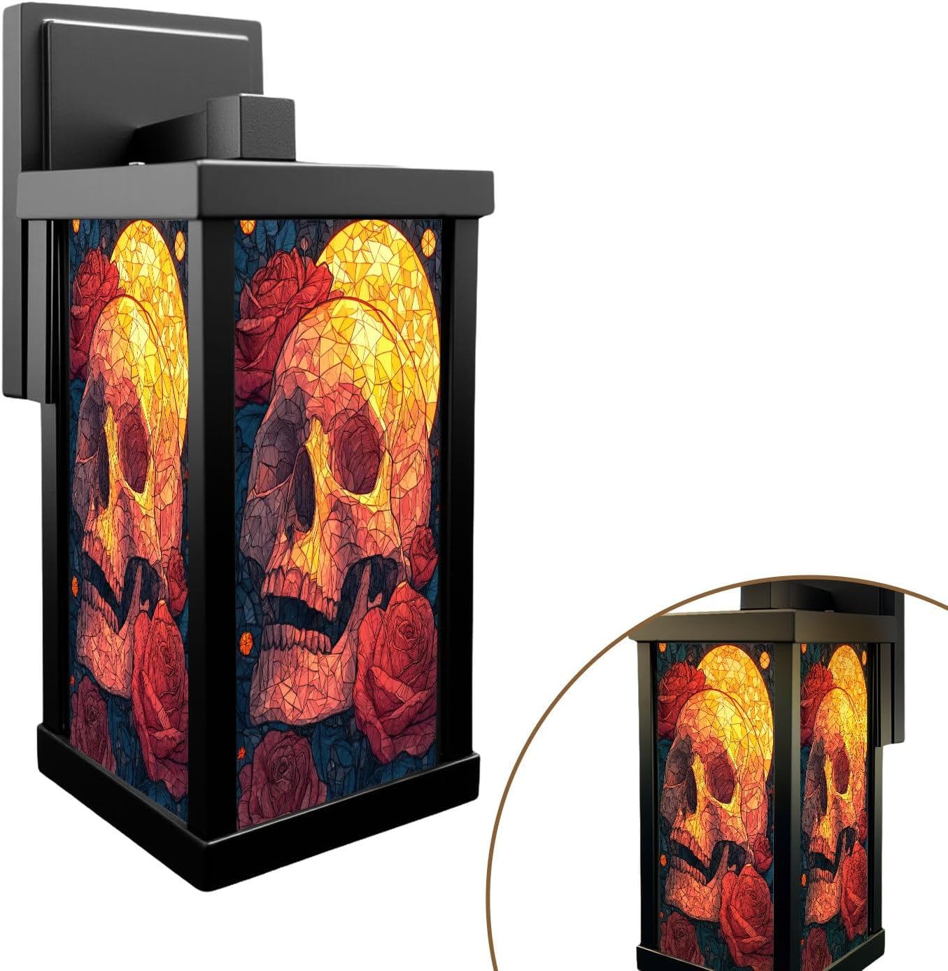 Outdoor Wall Lights Intricate Skull Stained Glass Garnet Roses Candlelight Exterior Waterproof Wall Mount Sconce 13
