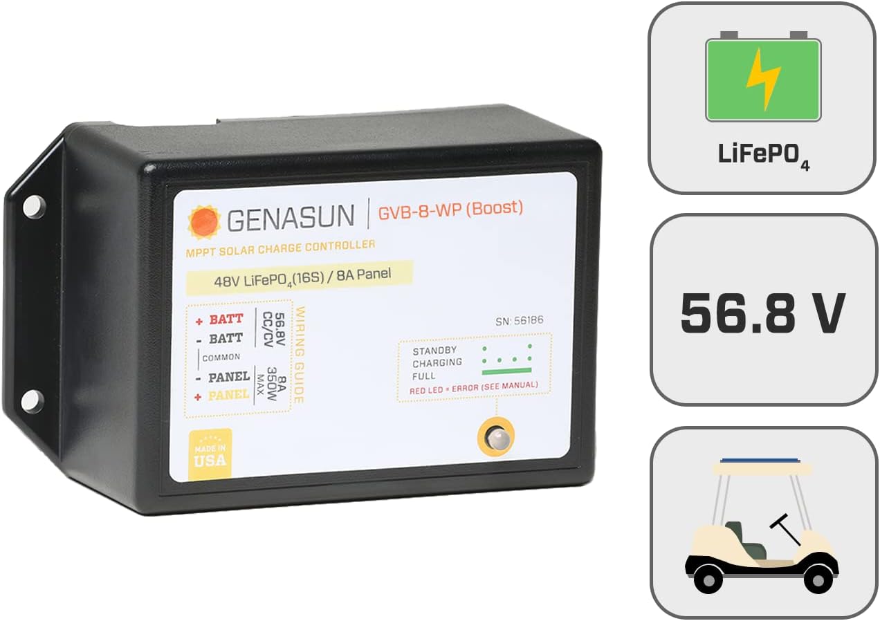 Genasun GVB-8-Li-56.8V-WP, 8 A (Input) 350 W Solar Panel, Waterproof Voltage Boosting MPPT Solar Charge Controller for 48 V Nominal 16S LiFePO4 Batteries (Golf Carts, Electric Boats, etc.)