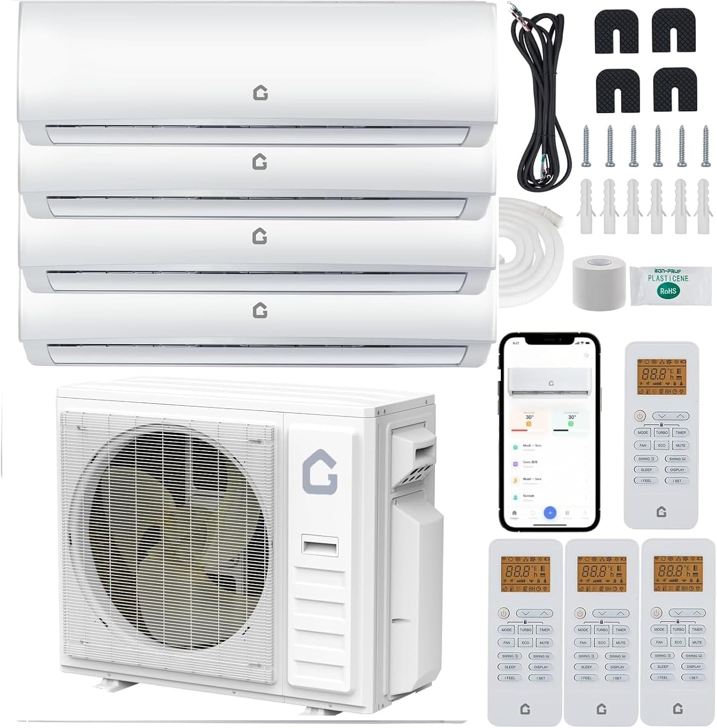 35000 BTU 4-Zone Mini Split HVAC System - 19 SEER2 Inverter Heat Pump, WiFi Enabled, 208-230v Ductless AC & Heating with 9000+9000+12000+12000 BTU Indoor Units, Individual Room Control
