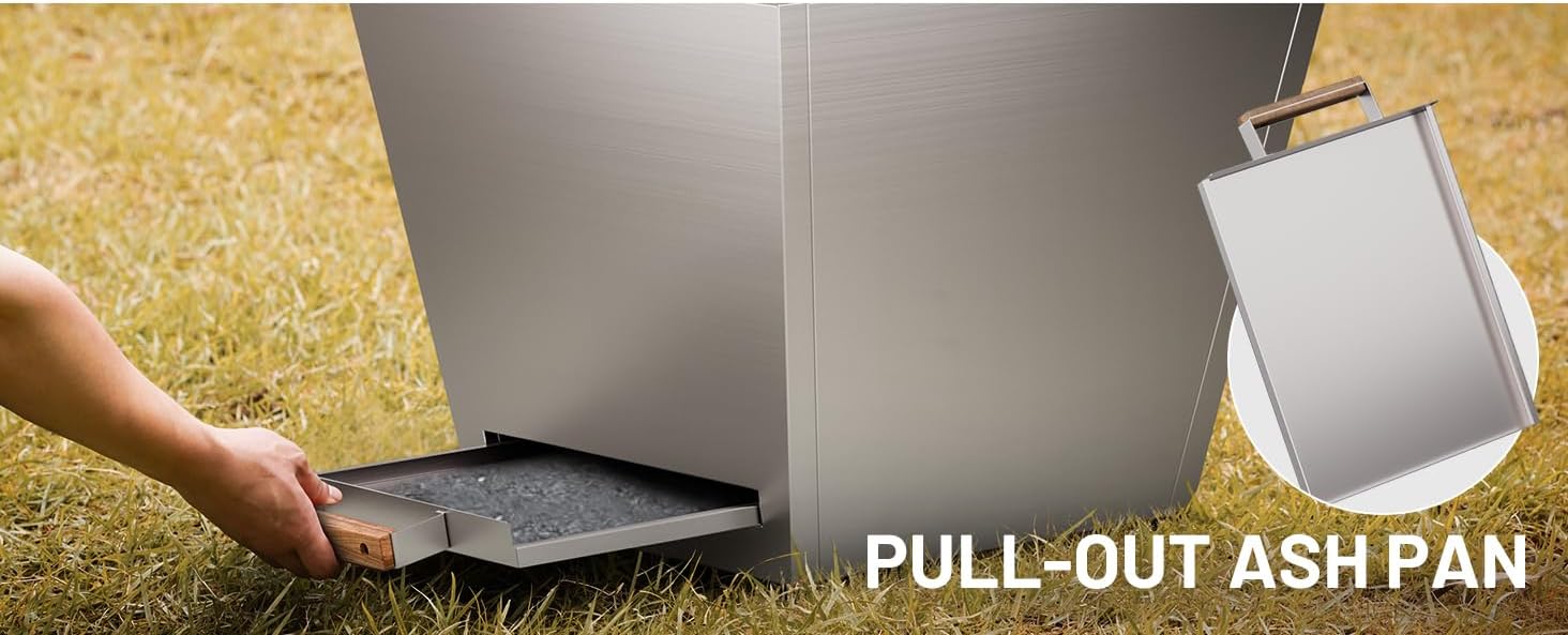 Cyberpit One Pro 25 Inches Smokeless Fire Pit with Pull-Out Ash Pan, Portable Outdoor Fire Pit for Backyard, Patio & Camping, Stainless Steel, Silver (1 Door) – Includes Carry Handle (1