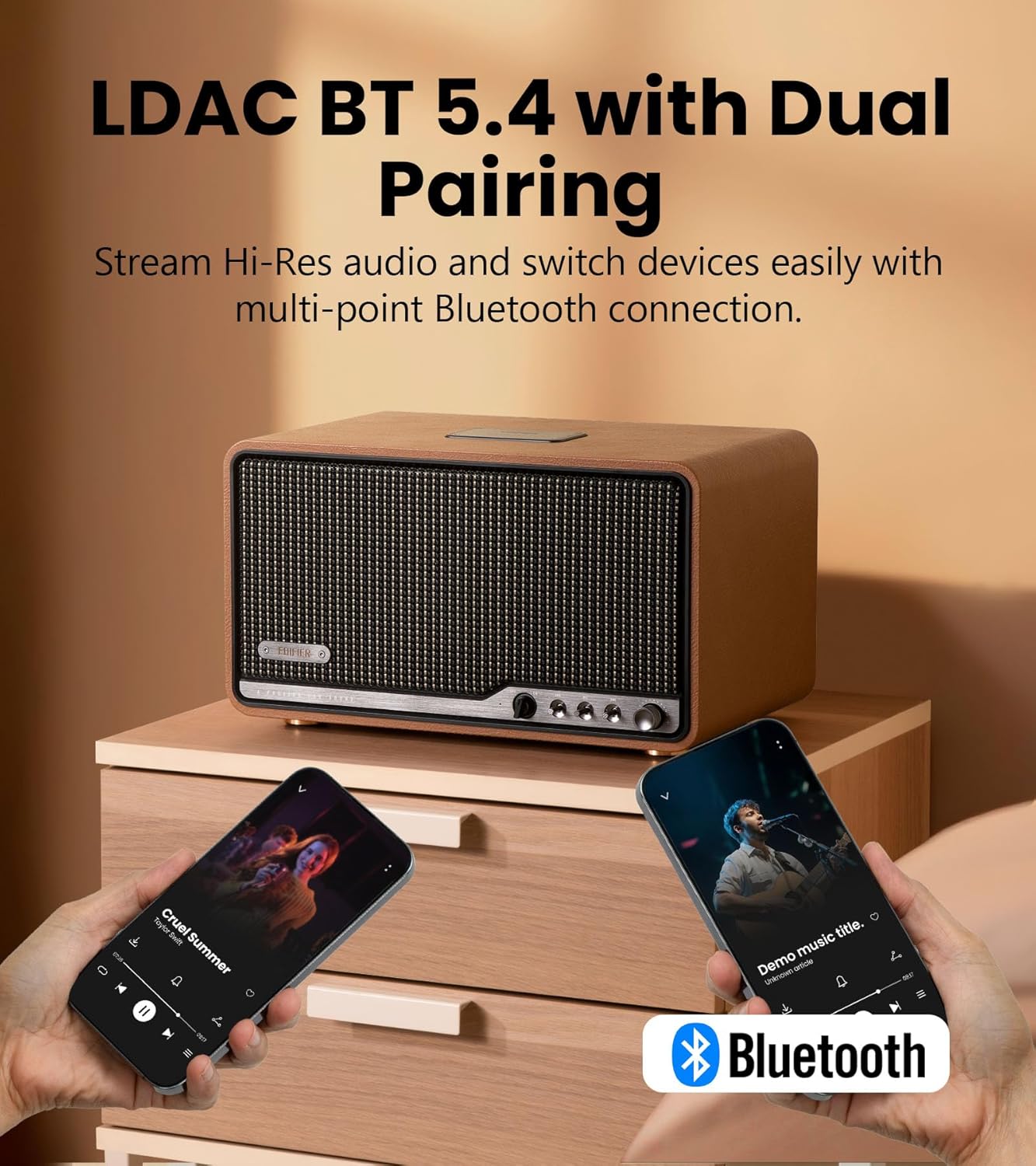 Edifier S300 Hi-Fi Tabletop Speaker, Hi-Res Audio LDAC for Wireless Multi-Room & Stereo Pairing, 80W Power Works with AirPlay 2 Bluetooth 5.4 USB-C AUX Inputs, Retro Design with Remote - Brown