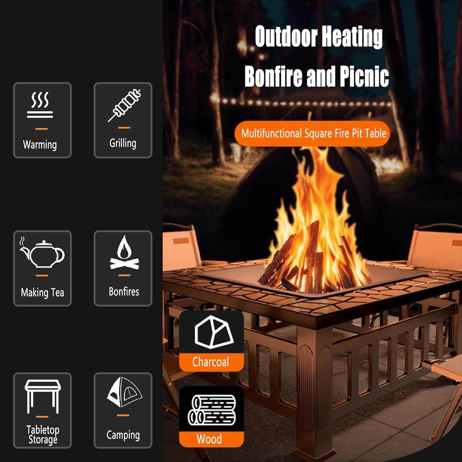 TemkIN Patio Fire Pit, 3 in 1 Square Fire Pits & Outdoor Fireplaces, with Cover & Rain Cover, Heavy Duty Outdoor Fire Pit for Outside Backyard Deck (Steel), Black