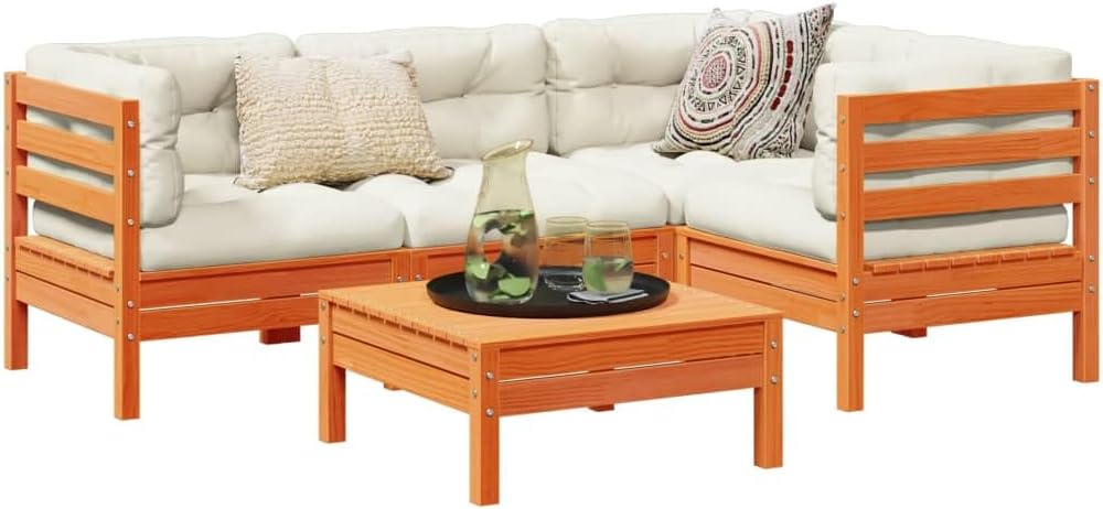 Patio Set 5 Piece Patio Sofa Set with Cushions Wax Brown Solid Wood Pine