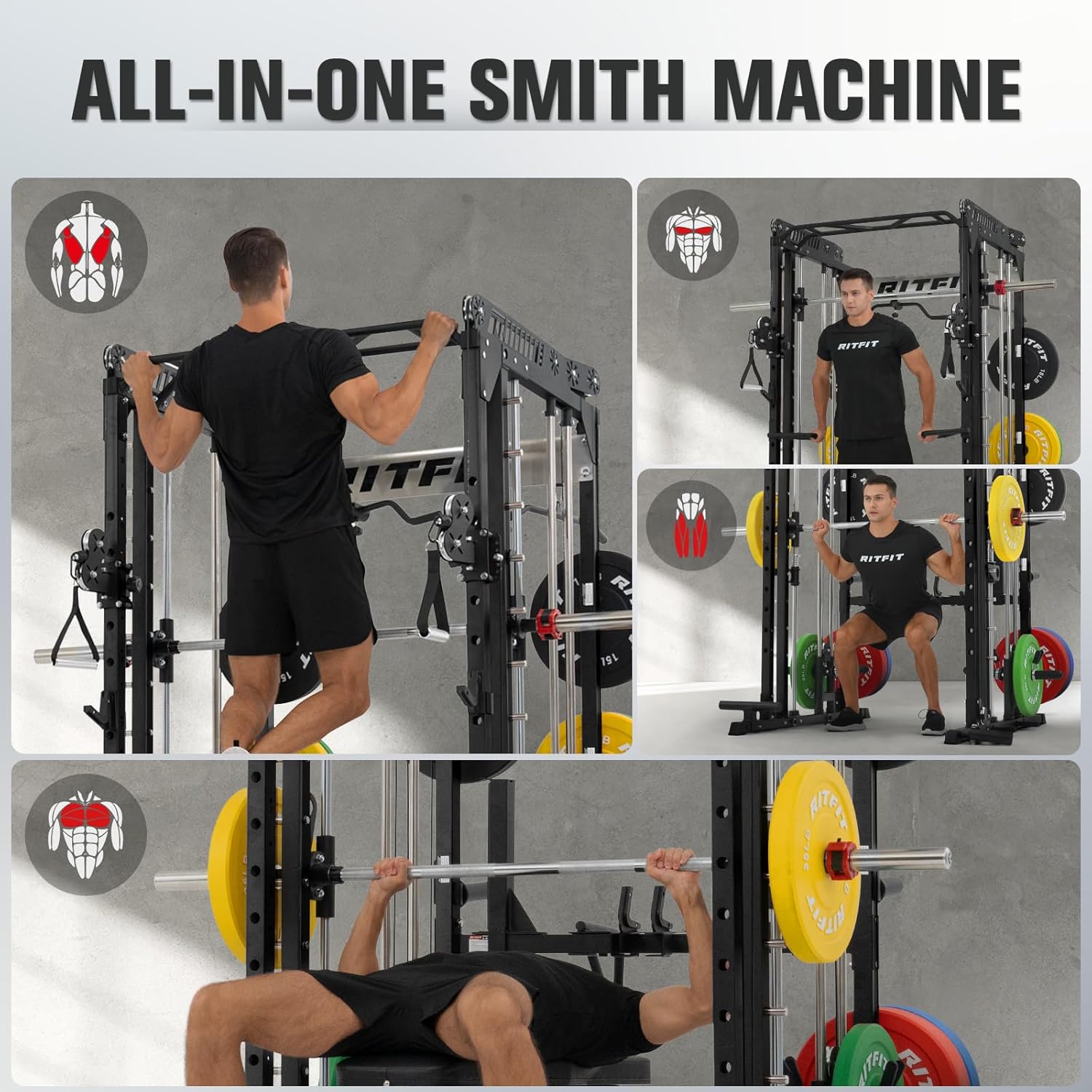 RitFit M1 Pro Smith Machine Package, All-in-One Power Cage with Weight Stack Set, Includes LAT Pulldown & Cable Crossover System for Home Gyme
