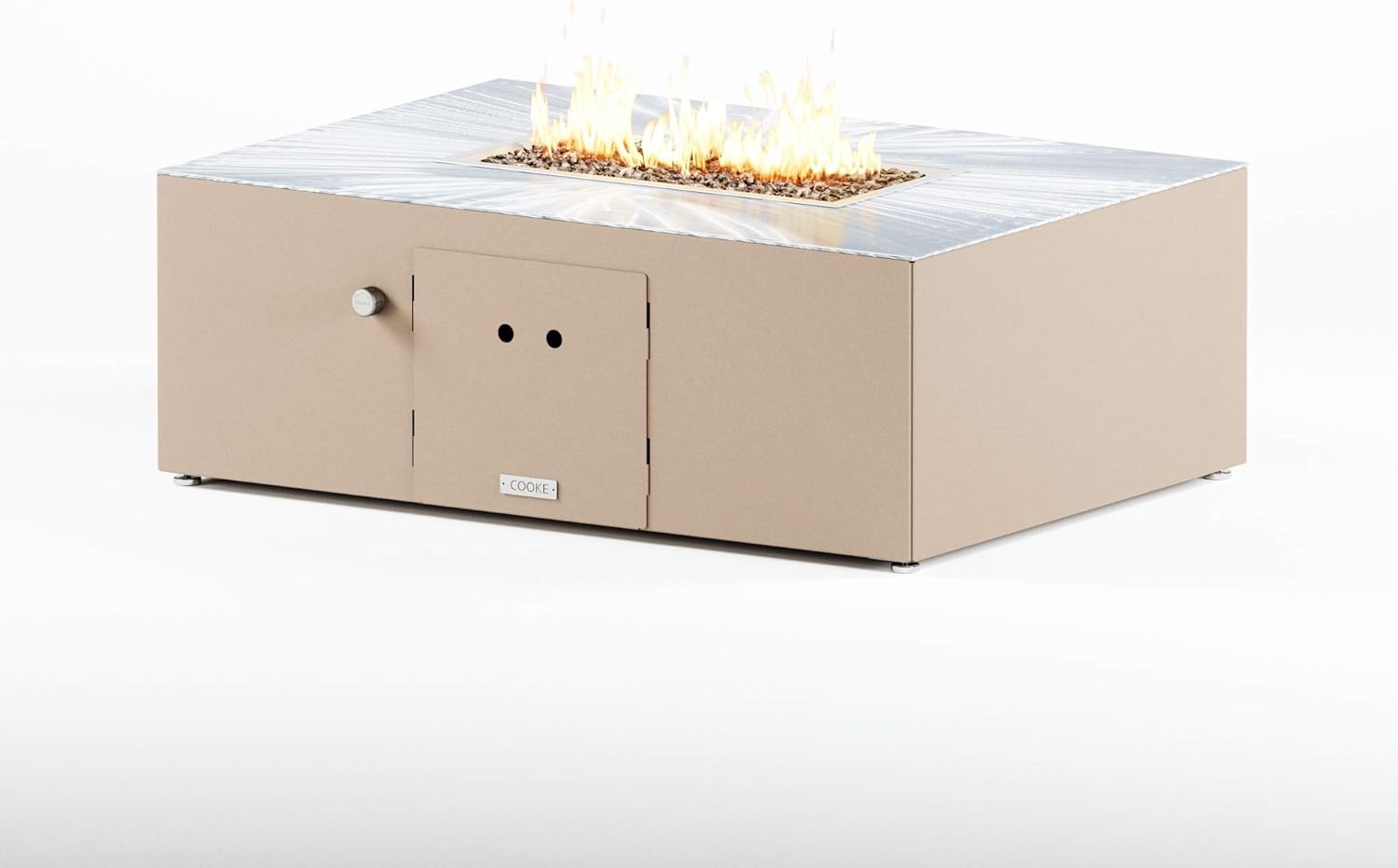 COOKE Costa Mesa Custom Rectangular Fire Pit Table (Brushed Aluminum Top, Beige Base - Natural Gas)