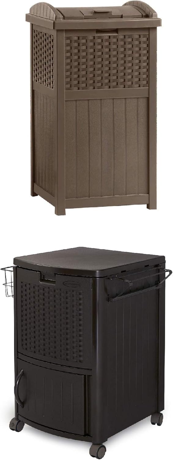 Suncast 77 Quart Patio Cooler w/ Cabinet and Basket w/ Wicker Trash Hideaway