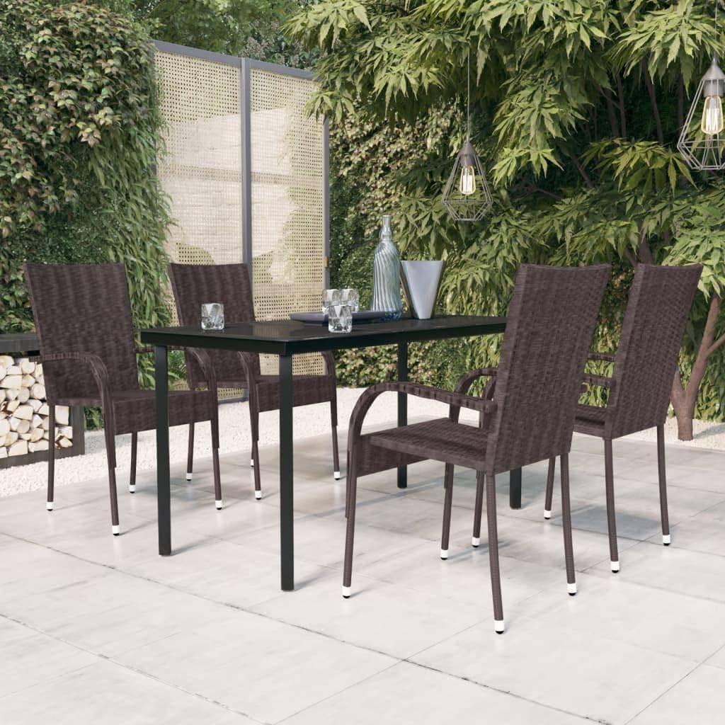 5-Piece Outdoor Dining Set, Brown PE Rattan & Black Steel Frame, Rectangular Patio Table and Chairs Set for Garden, Balcony, Terrace