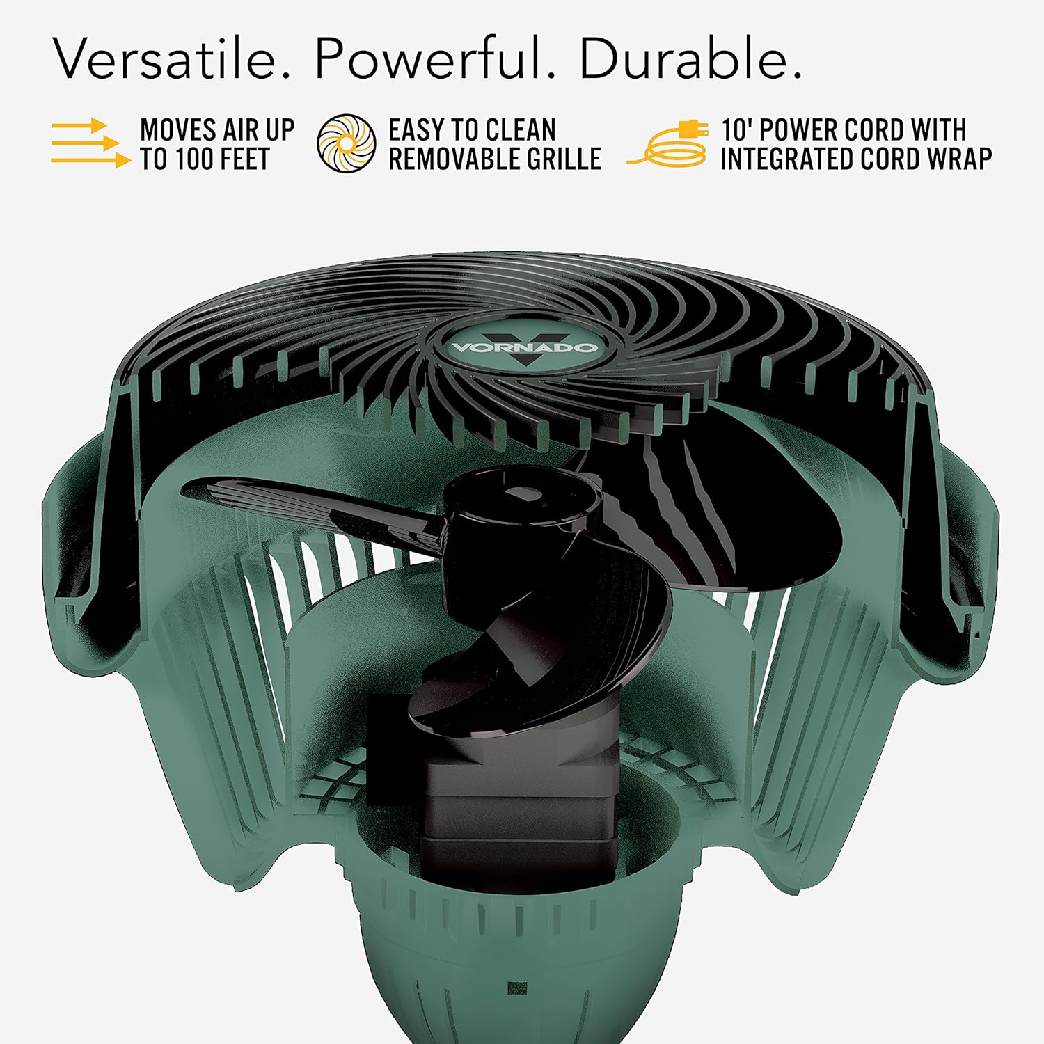 Vornado 293 Large Heavy Duty Shop Fan, 3 Speed Electric Fan, High Impact Casing, IP54-Rated Motor, Whole Room Air Circulator, Pivoting Head, Carry Handle, 16” Floor Fan for Bedroom and Garage, Green