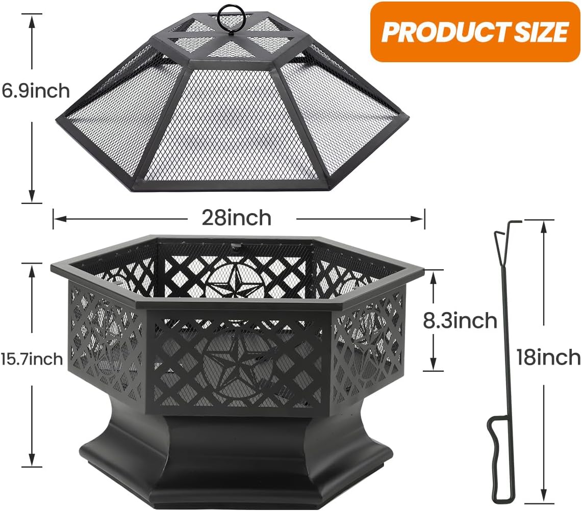 28 Inch Hex-Shaped Fire Pit,Wood Burning Fire Pits for Outside with Spark Screen&Poker,Metal Hexagon Outdoor Firepit for Backyard,Bonfire,Patio,Party,Garden,Picnic and Camping(28'' Black)