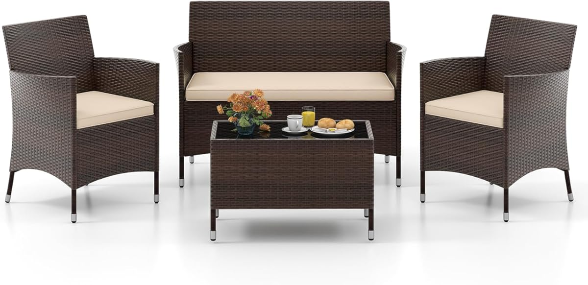 Tangkula 4-PCS Patio Rattan Conversation Set, Outdoor Wicker Furniture Set with Tempered Glass Coffee Table &Thick Cushion, Rattan Chair Wicker Set for Garden, Lawn, Poolside and Backyard (1, Brown)