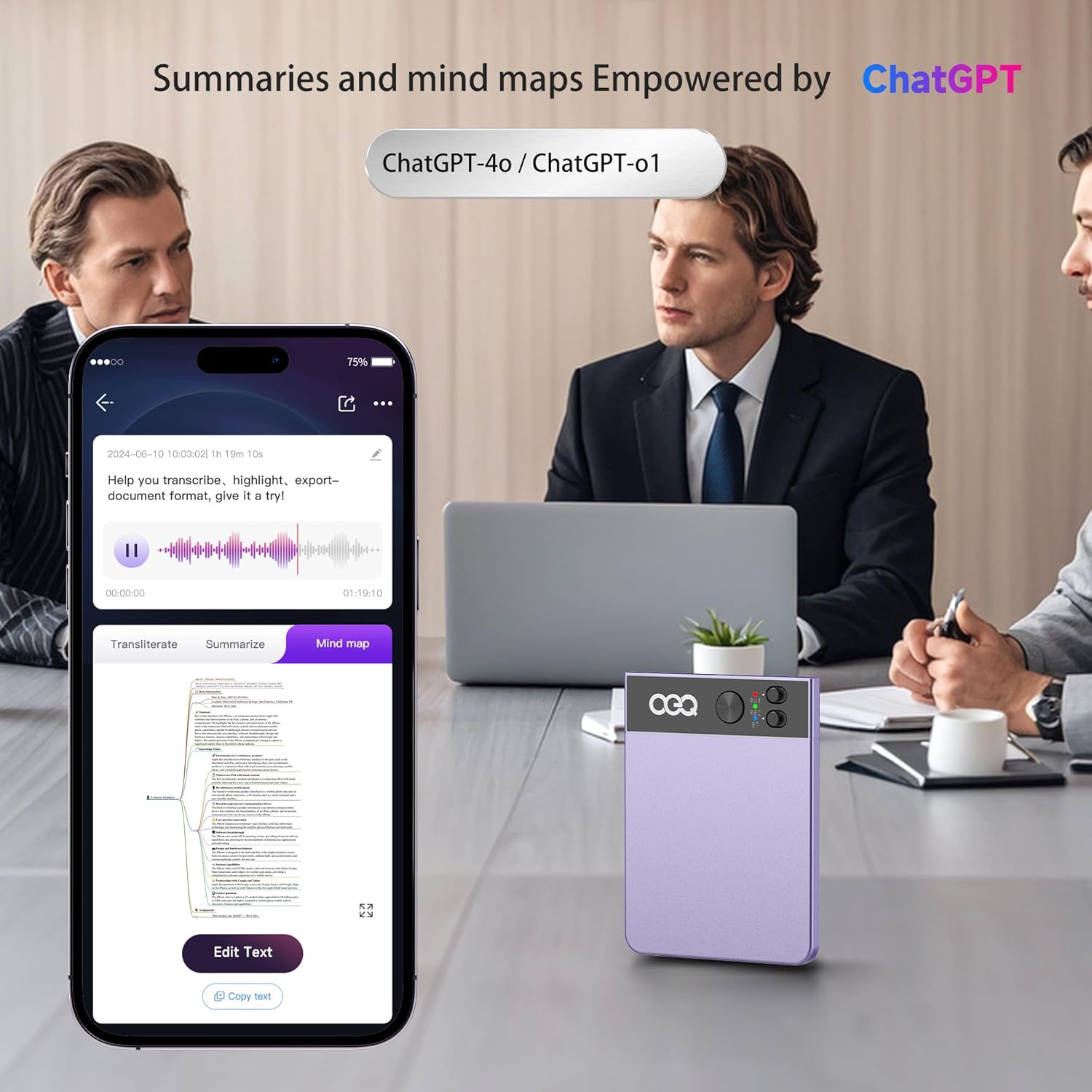 AI Voice Recorder with Simultaneous Interpretation & Real-timeTranscription,64G Recording Memory AI Speech Processor Powered by ChatGPT with App Control for Business/Education/Interviews, Purple