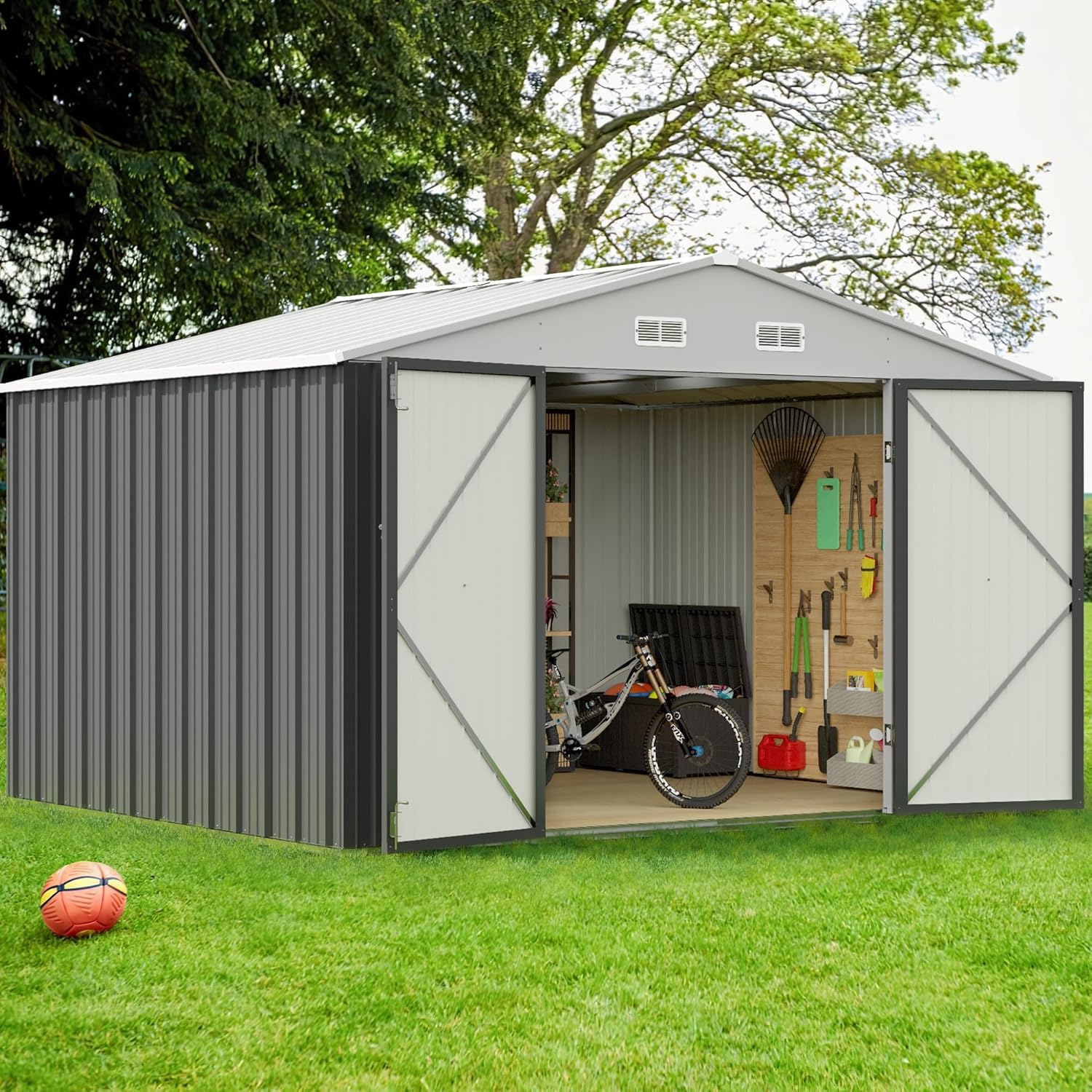 GUNJI 10 x 8 FT Shed Outdoor Storage Shed Metal Garden Shed with Lockable Door Outside Waterproof Tool Shed for Backyard, Patio, Lawn (Gray)