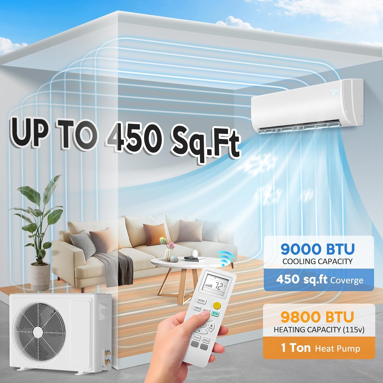 9000 BTU Mini Split Air Conditioner ＆ Heat Pump - 110V/120V Wall Mount Ductless Inverter AC/Heating System - 19 SEER2, Ultra Quiet