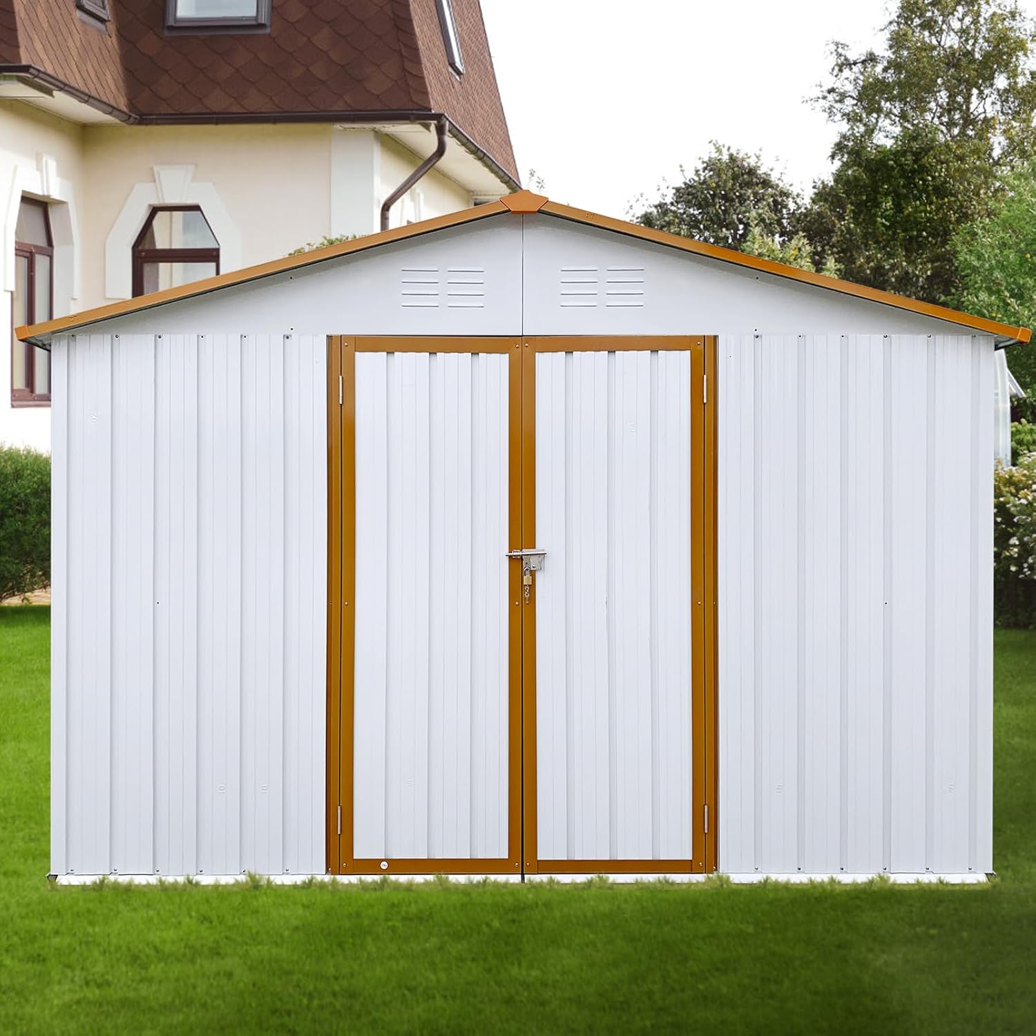 Outdoor Storage Shed, Steel Utility Tool Shed Storage House with Door & Lock, Metal Sheds Outdoor Storage for Garden Patio Lawn Poolside for Bicycles, Tools, Lawnmowers (White+Yellow)