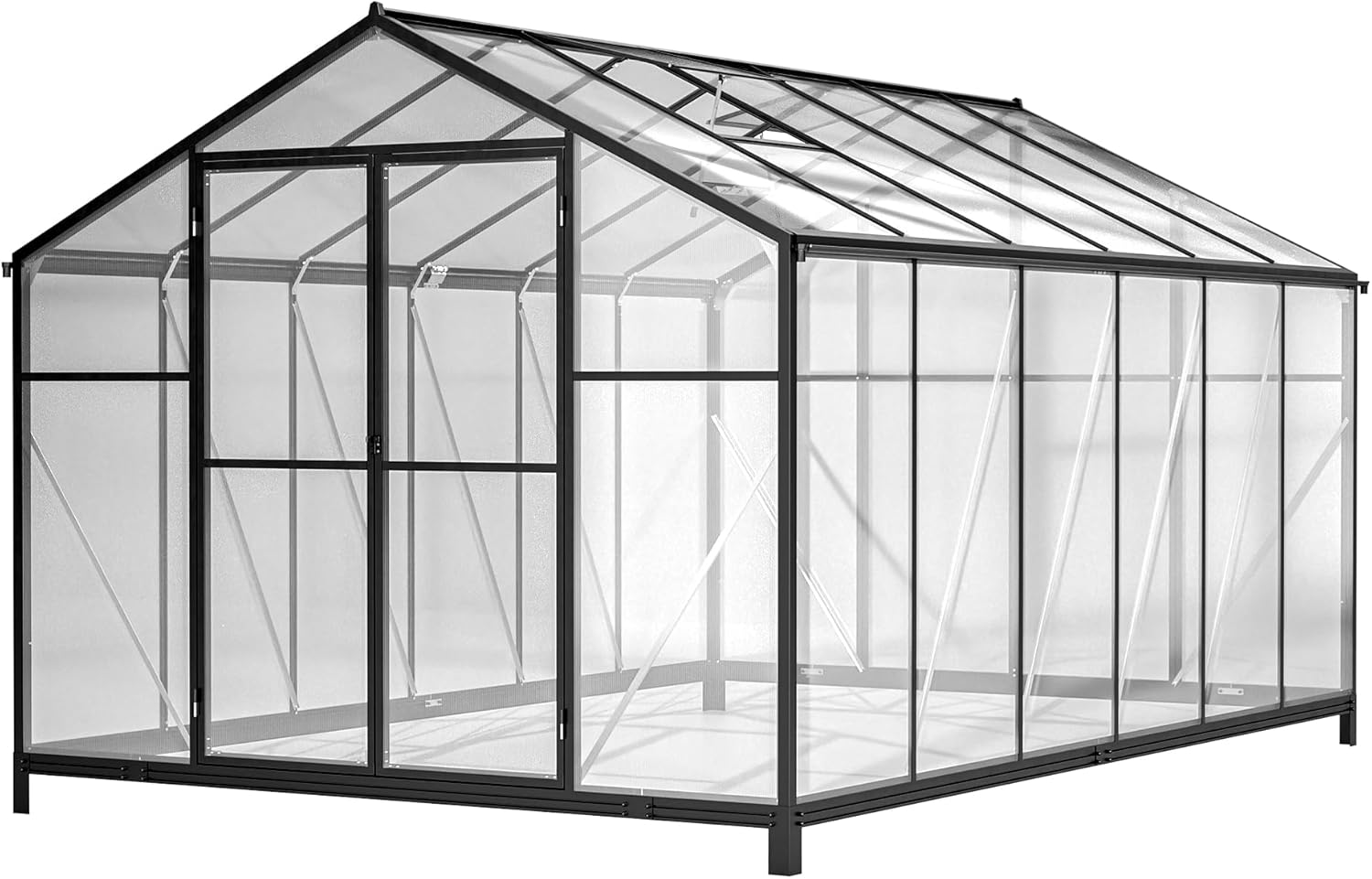 8' x 12' Outdoor Greenhouse, Heavy Duty Polycarbonate, Large Walk-in Greenhouse with Double Doors and Two Ventilation Windows, Aluminum Outdoor Garden Backyard