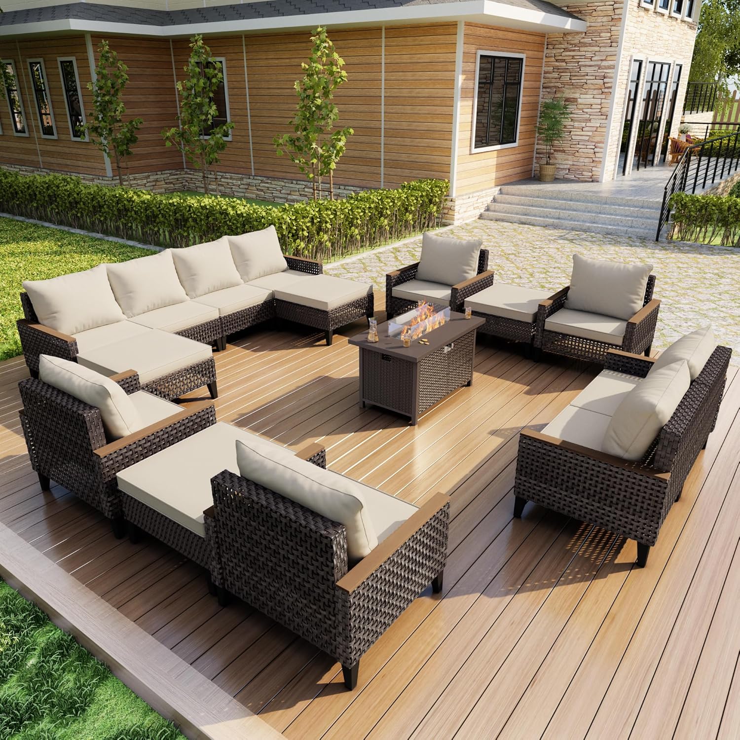 15 Pieces Outdoor Furniture Set, Modern Patio Conversation Sets with Fire Pit Table and Armchairs, Wicker Rattan Sofa Couches Chairs Ottomans for Porch, Deck, Balcony, Backyard, Yard (Beige Cushions)