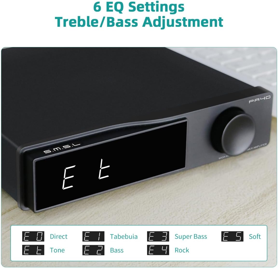 SMSL PA40 Class D Power Amplifier, 165Wx2 Stereo Amplifier for Passive Speakers, with MA5332 Chip/EQ/Bass Treble Control/Built-in Power Supply