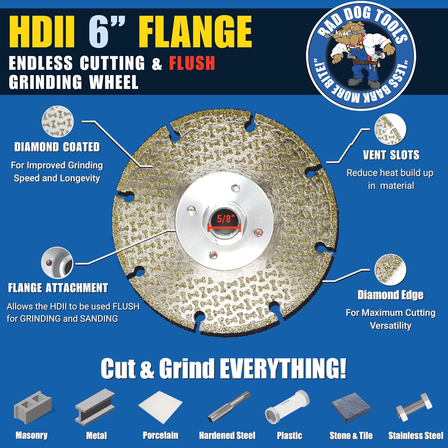Bad Dog Tools 6” Flange Handi Disc Deux (HDII) Diamond Wheel for *Flush* Grinding, Sanding, and Cutting. Use on Iron, Steel, Brass, Tile, Stone, Brick, & Plastic. Use with a 6” Angle Grinder.
