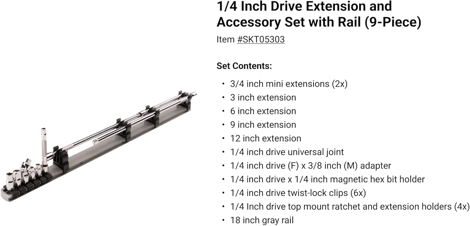 TEKTON 1/4, 3/8, 1/2 Inch Drive Extension and Accessory Set with Rails and Tray (27-Piece) | SHA99201