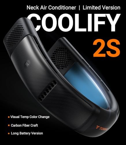TORRAS COOLiFY 2S Neck Fans that Blow Cold Air [Limited Version], Neck Air Conditioner with Long Battery, Orange-blue-Change Neck Fan, Smart App Control Neck Fan Rechargeable, Black