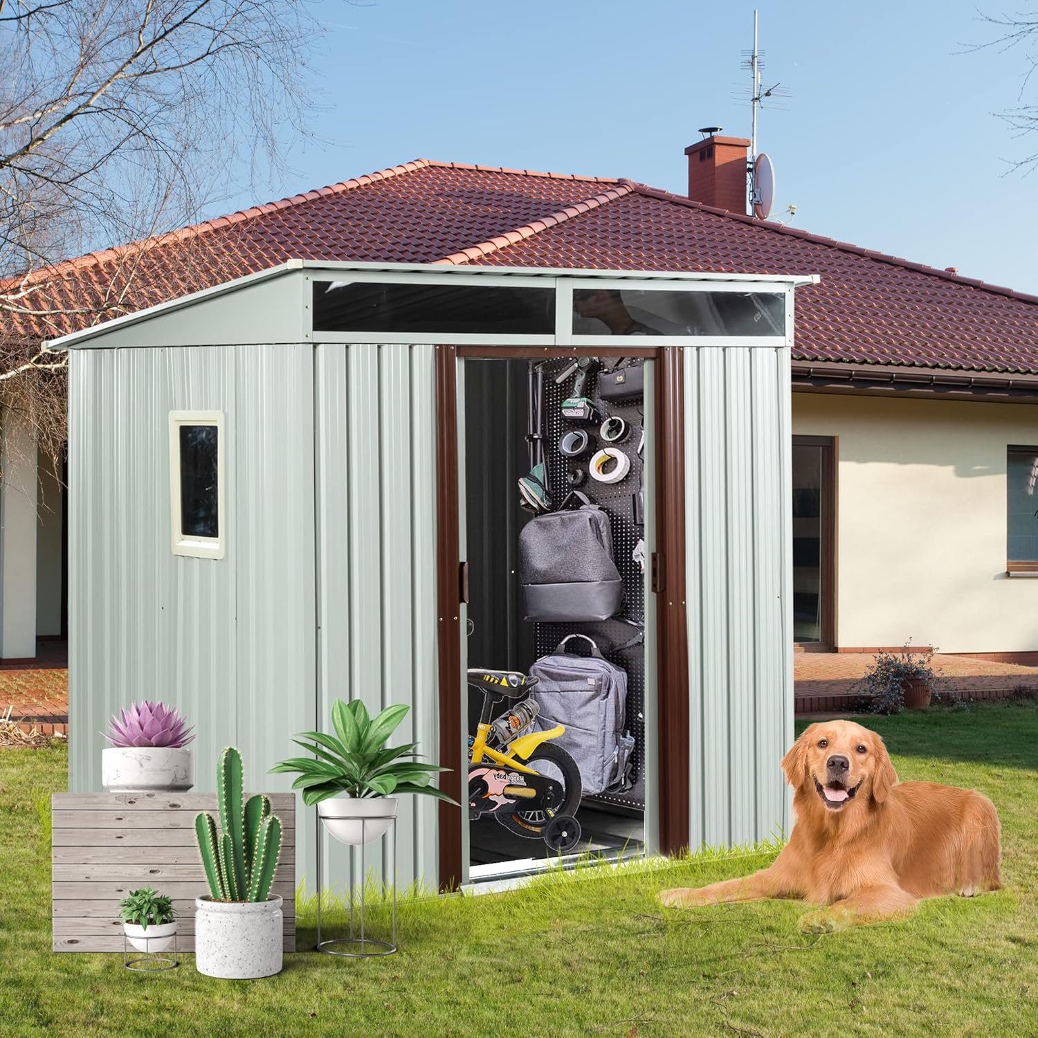 6 x 5 FT Outdoor Metal Storage Shed with Window and Punched Vents,Heavy Duty Storager House w/Sliding Doors & Padlock,Large Waterproof Tool Sheds for Garden,Backyard,Lawn,White