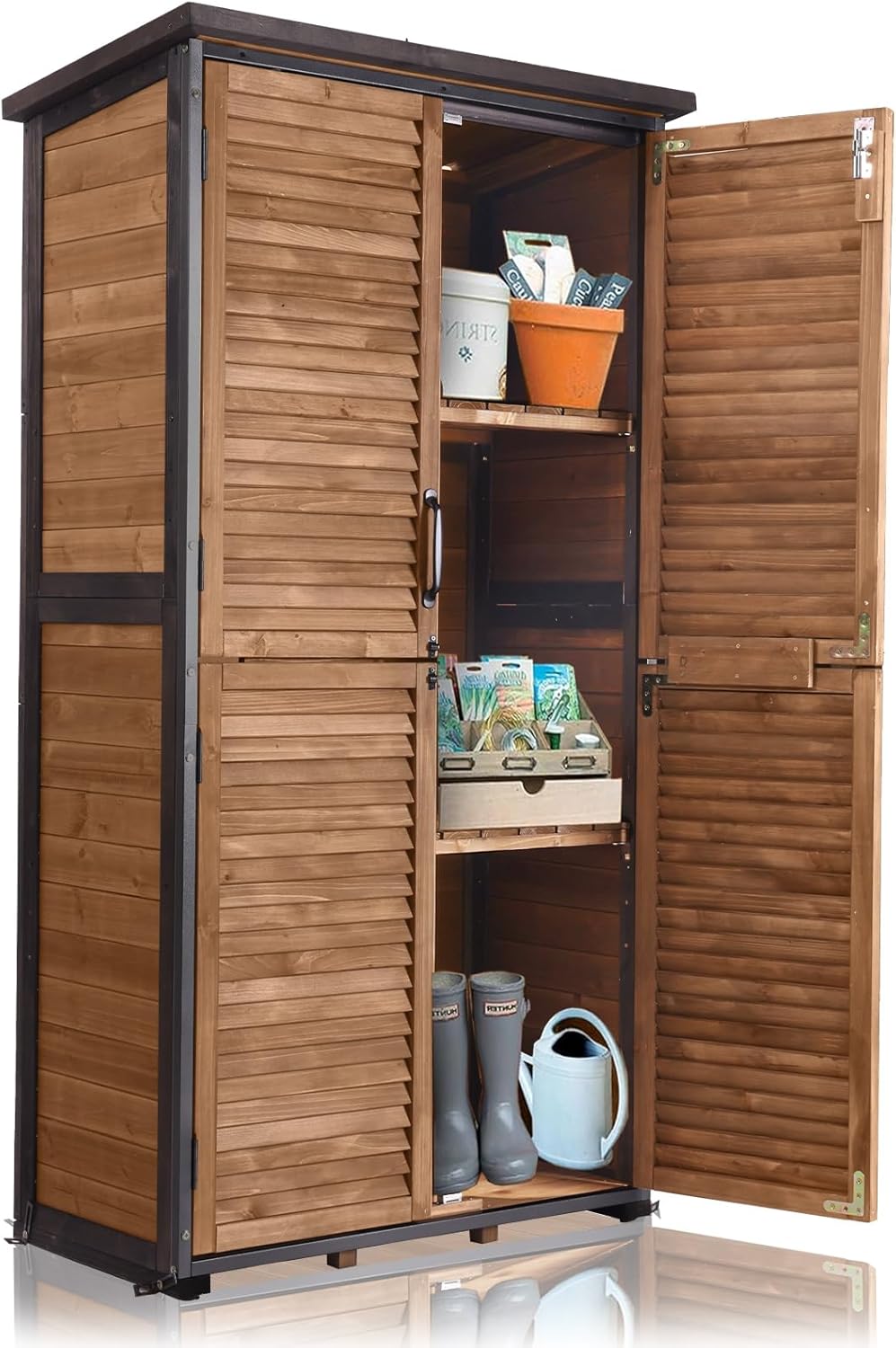 Aivituvin Storage Shed Wood with Floor, Strong Metal Frame, Adjustable Shelves, Waterproof Storage Cabinet Indoor Outdoor Garden