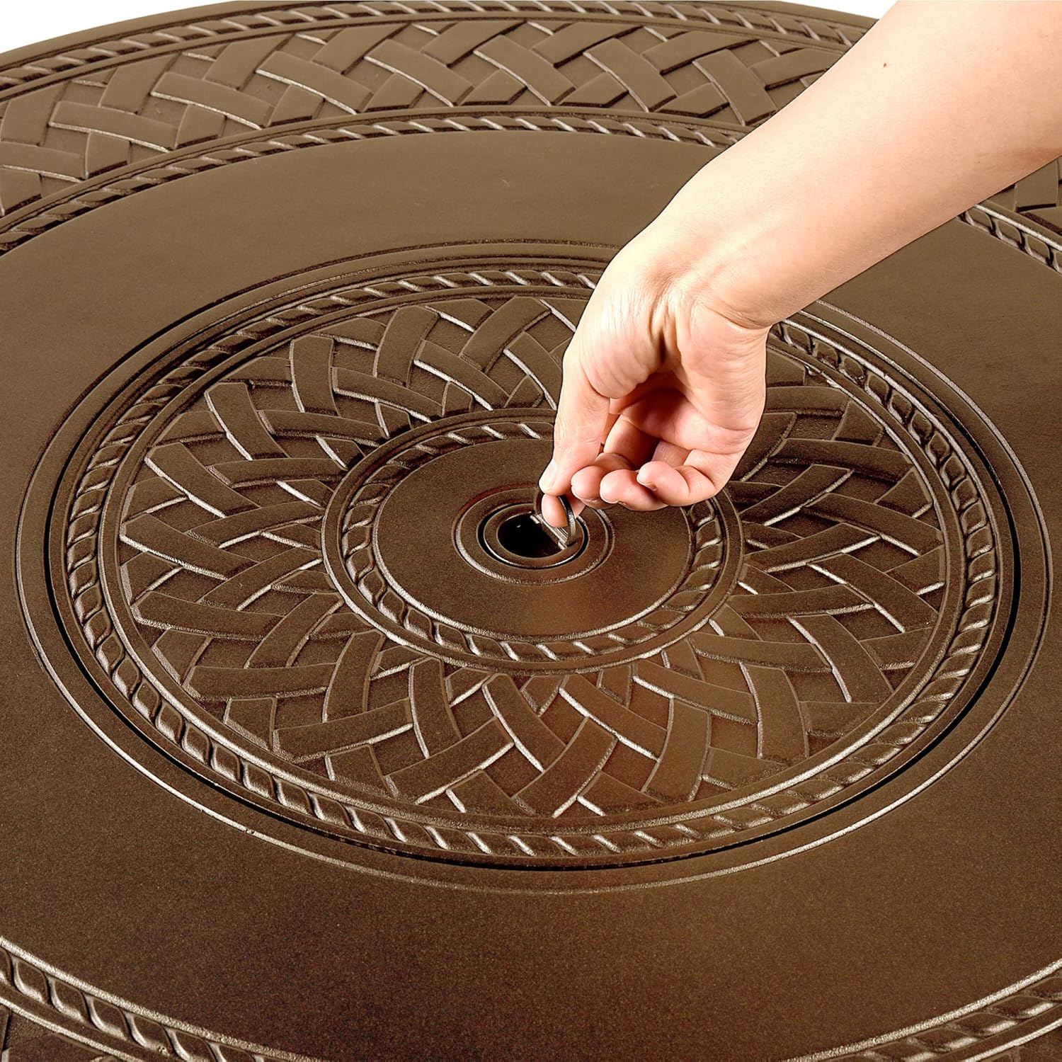 Round 34 in. x 34 in. Aluminum Propane Fire Pit Table with Glass Beads, Two Covers, Lid, 37,000 BTUs in Brown Finish