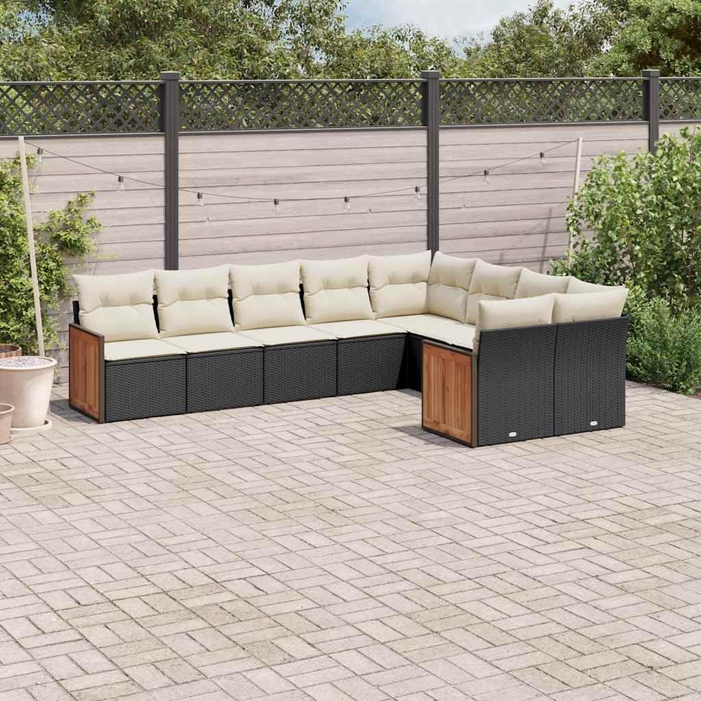 9-Piece Garden Sofa Set, Black PE Rattan Outdoor Furniture, Modular Patio Dining Seating with Cushions, Large Capacity for 8 People